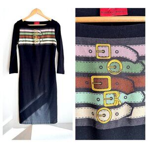 Roberta Di Camerino Belt Print Black Bodycon Dress 6